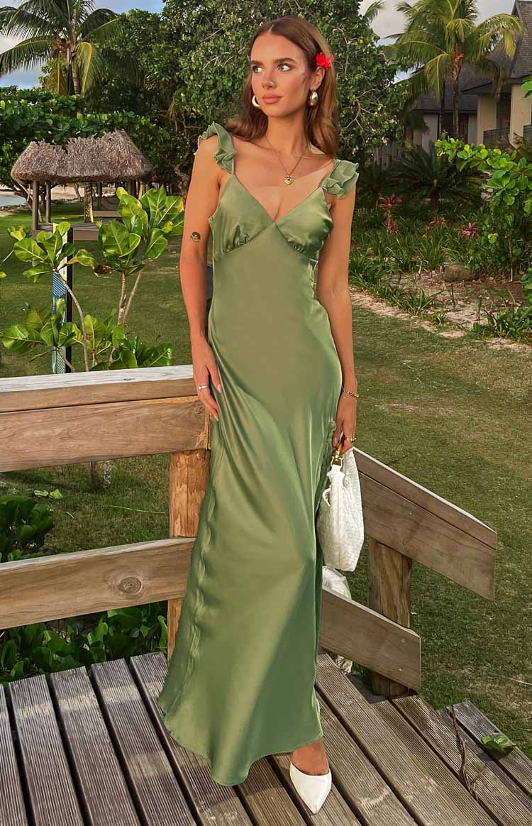 Beginning Boutique Wendy Sage Maxi Dress sage green satin V-neck maxi dress with ruffled spaghetti straps