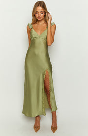 Sage satin maxi dress with a V-neckline, ruffled shoulder straps, and a high leg split with lace trim