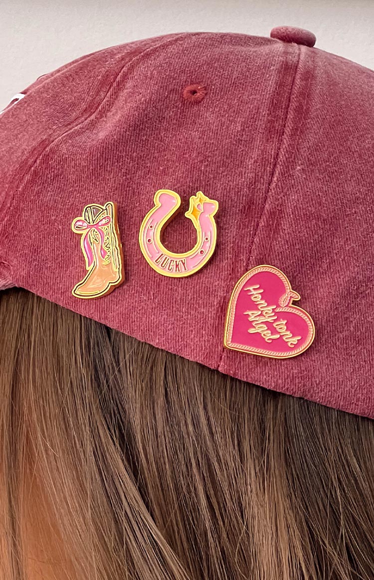 Beginning Boutique Western Pins 3 Pack three enamel pins: pink and yellow horseshoe, pink cowboy boot, pink heart with Honky Tonk Angel