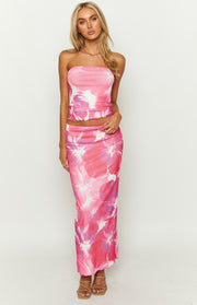 Beginning Boutique When In Rome Pink Floral Print Mesh Maxi Skirt pink floral print mesh maxi skirt with ruched side and lettuce hem