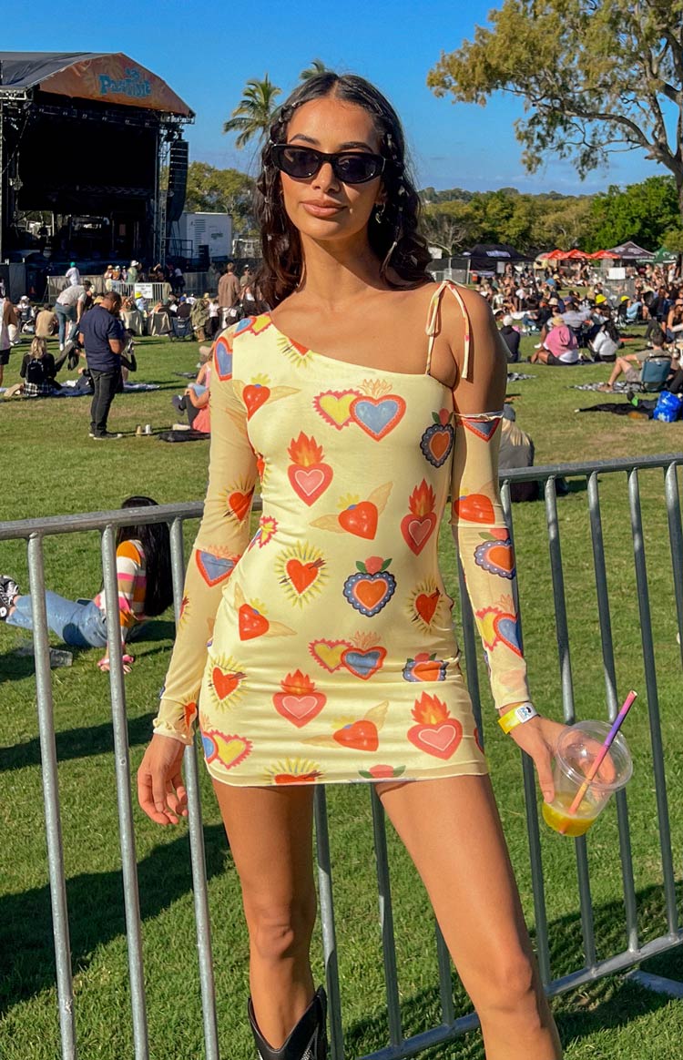 Wild At Heart Yellow Printed Mesh Long Sleeve Mini Dress BB Exclusive