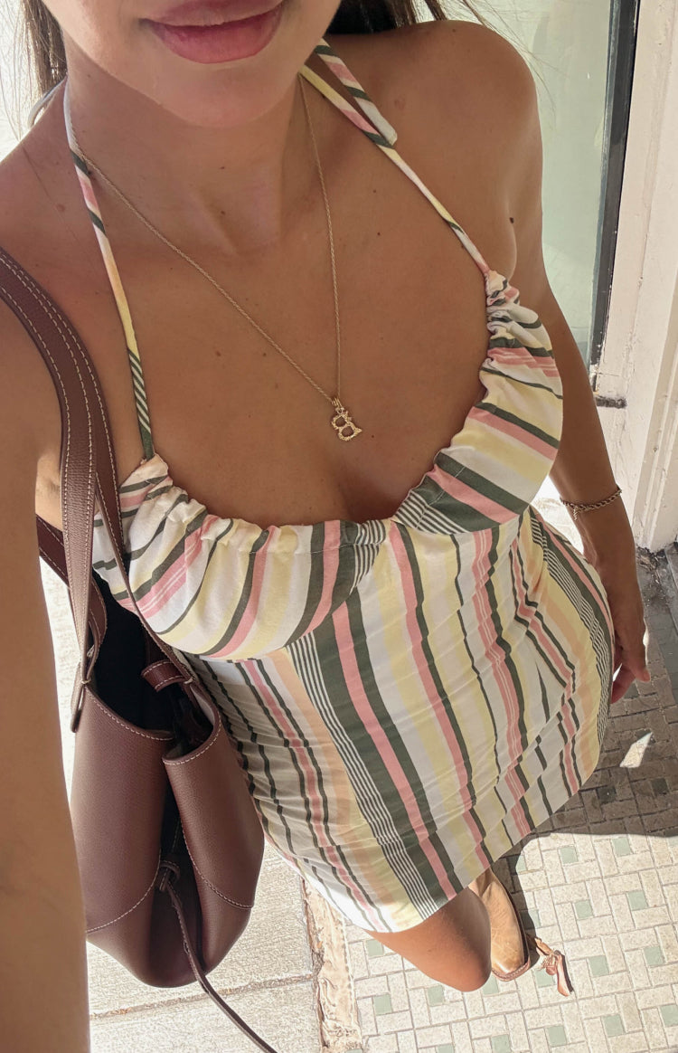 Multi stripe halter neck mini dress with a ruched bust and thin halter straps