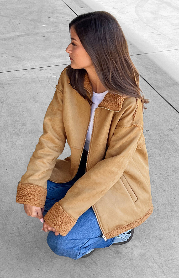 Beginning Boutique Willow Brown Suede Fur Jacket brown suede jacket with fur trim on collar cuffs and hem long sleeves and a zip front