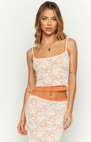 Beginning Boutique Willow Orange Contrast Lace Tank Top white floral lace cropped tank top with orange contrast trim and spaghetti straps