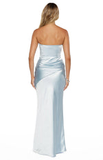 Rear view of the light blue satin strapless maxi dress with a ruched bodice and diagonal skirt panel