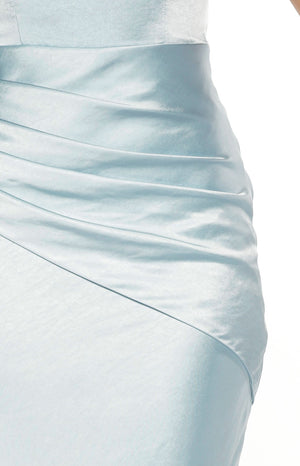Close-up of the gathered and draped side detail of the light blue satin maxi dress, highlighting the fabric folds