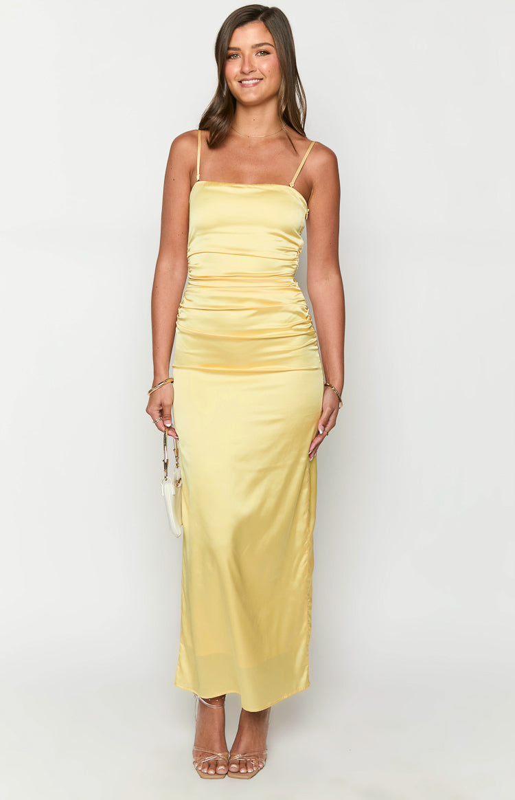 Yellow Bloom Satin Strapless Maxi Dress – Beginning Boutique