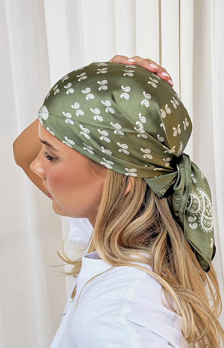 Beginning Boutique Zella Green Paisley Print Satin Triangle Scarf green satin triangle scarf with white paisley print