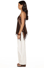 Ziva Brown Satin Lace Asymmetrical Top Image