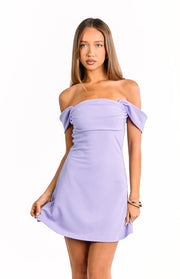 Lilac crepe mini dress with gathered off-the-shoulder sleeves and a flared A-line skirt