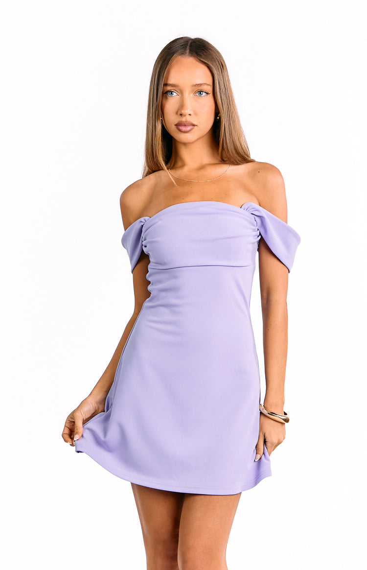 Lilac crepe mini dress with gathered off-the-shoulder sleeves and a flared A-line skirt