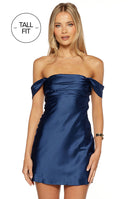 Beginning Boutique Zoella Tall Fit Navy Off The Shoulder Mini Dress navy satin off-shoulder mini dress with gathered sleeves