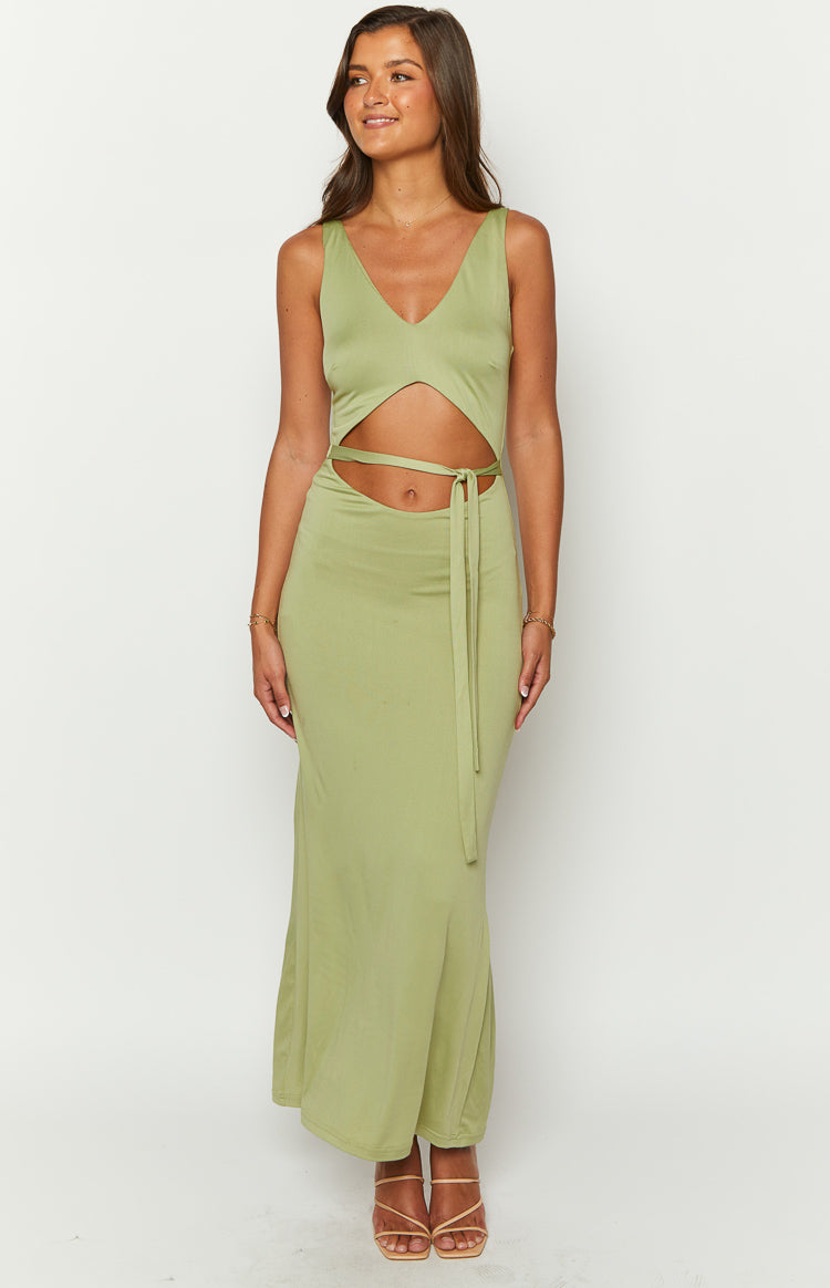 Khaki sleeveless maxi dress with a V-neckline, waist cutouts, and a self-tie detail at the front