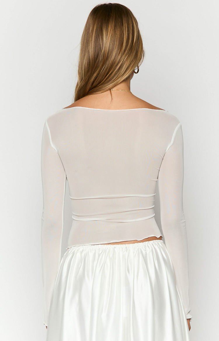 Back view of the white sheer long sleeve top showing the wide neckline, exposed seams, and lettuce hem