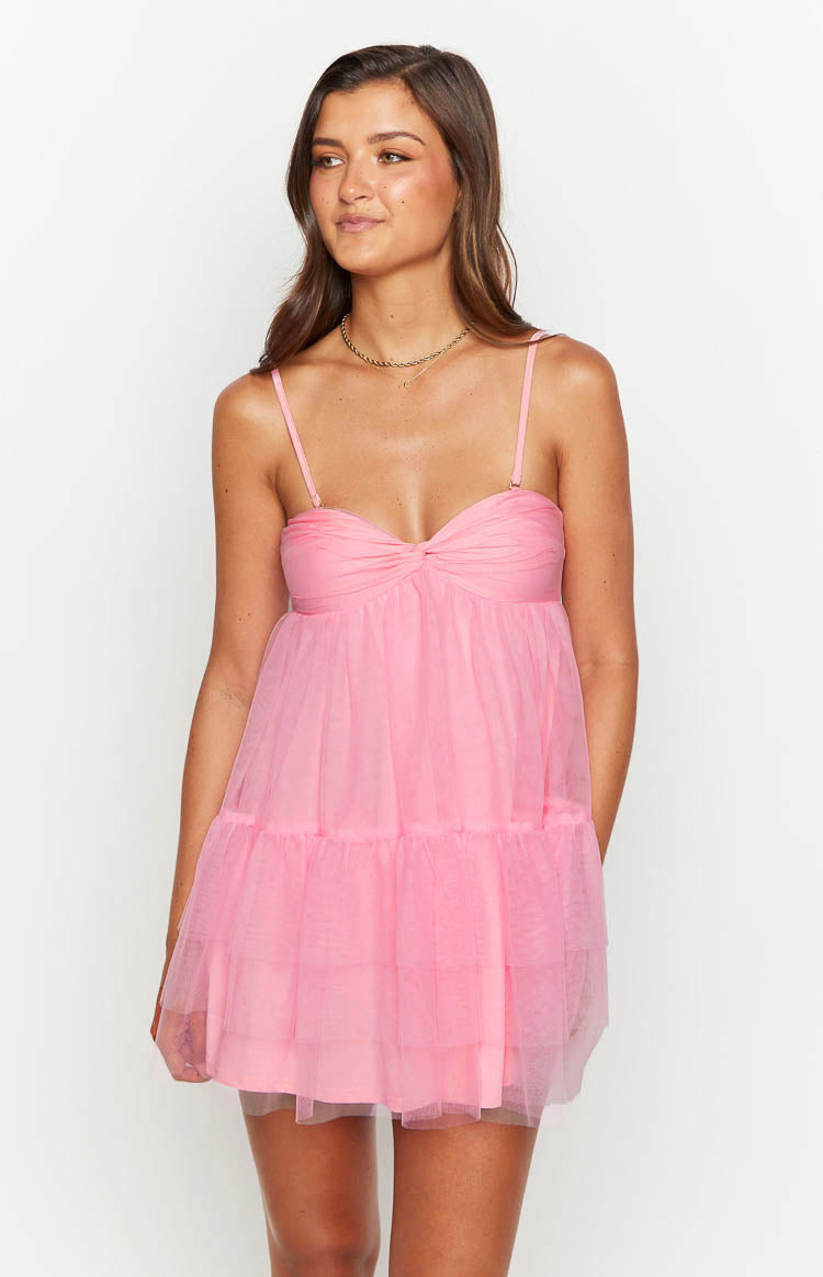 Pink mini dress with a twisted sweetheart bust, thin spaghetti straps, and tiered tulle skirt