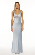 Light blue satin maxi dress with sweetheart neckline, sheer mesh panel, and thin straps