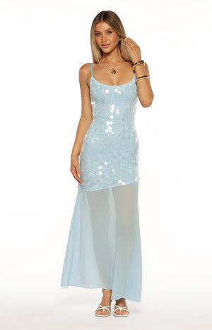 Beginning Boutique Belinda Light Blue Sequin Maxi Dress light blue sequin mini dress with spaghetti straps and sheer maxi overlay