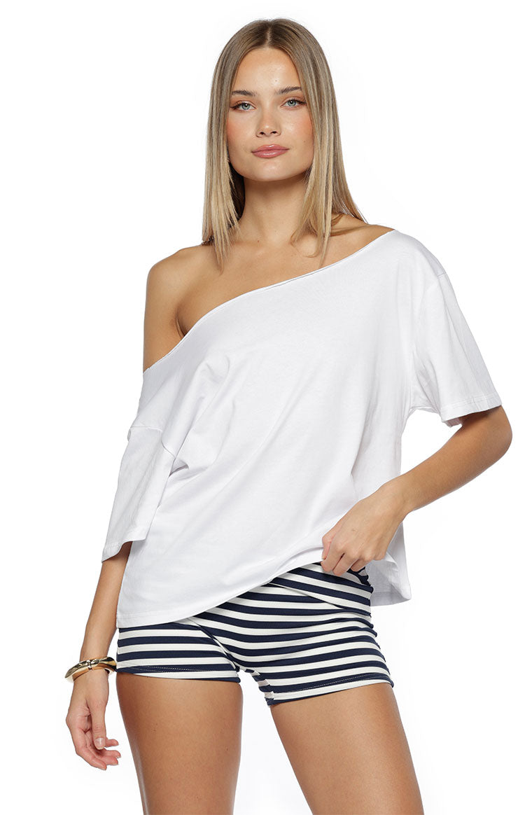 Beginning Boutique Bennie Navy Stripe Foldover Micro Shorts navy and white stripe fitted micro shorts with a foldover waistband