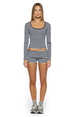 Front view of navy and white striped micro shorts with a foldover waistband and fitted silhouette