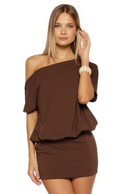 Brown off-shoulder mini dress with a blouson bodice, short draped sleeves, and a fitted skirt