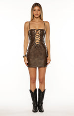 Britany Vintage Brown PU Lace Up Mini Dress Image