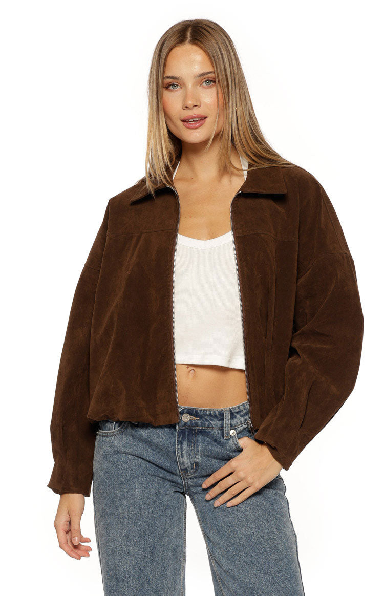 Beginning Boutique Brookie Brown Suedette Cuff Sleeve Bomber Jacket brown suedette collared full zip relaxed fit cropped jacket
