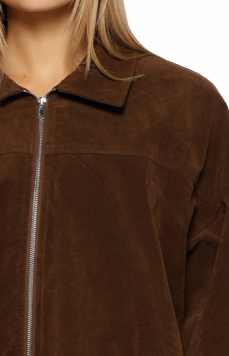 Brookie Brown Suedette Cuff Sleeve Bomber Jacket Image