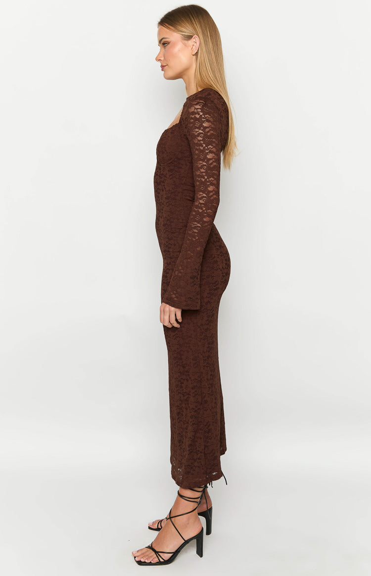 Side view of the fitted brown lace maxi dress with long sleeves and a subtle square neckline