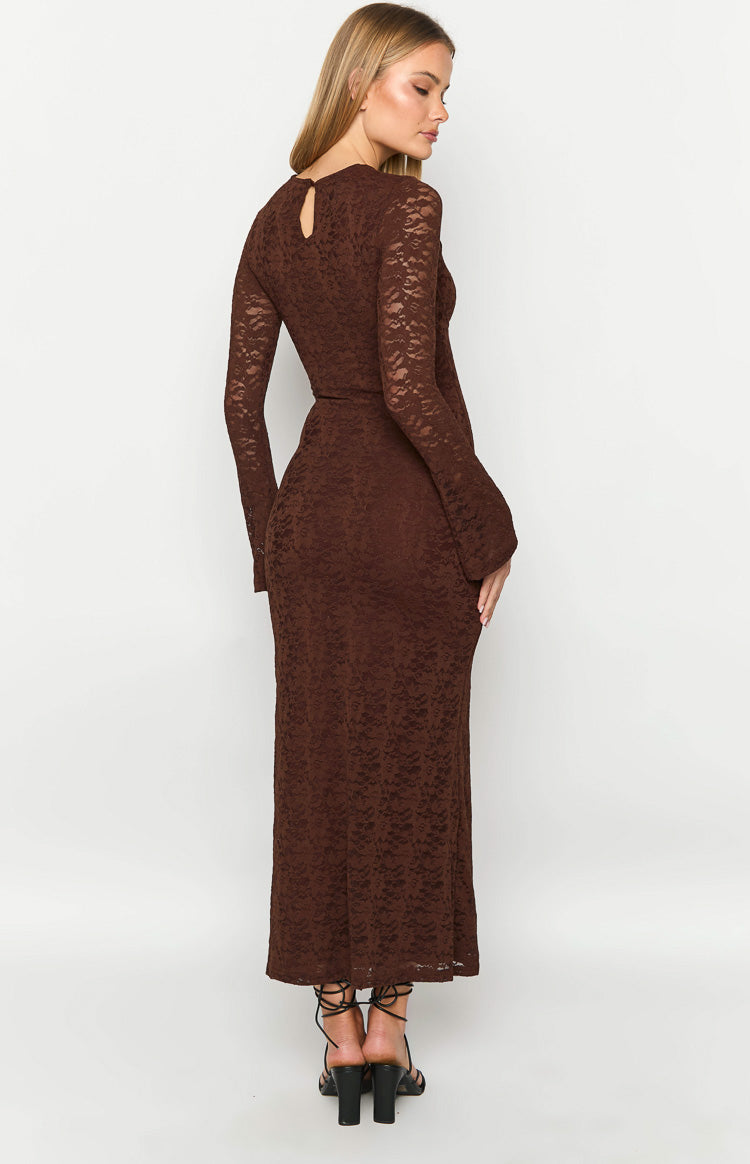 Rear-side view of a brown lace maxi dress with long sleeves and a keyhole detail at the back of the neck
