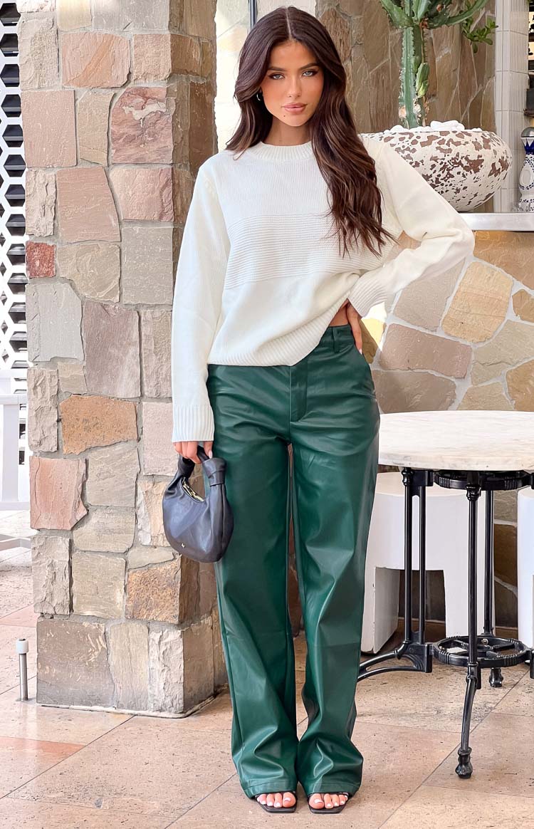 Forest green PU wide-leg pants with a relaxed fit and high waist