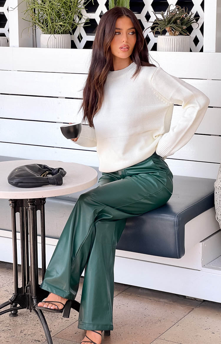 Full-length forest green PU wide-leg pants with a slight sheen