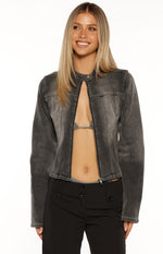 Front view of a black washed denim biker jacket with an open zipper and band collar