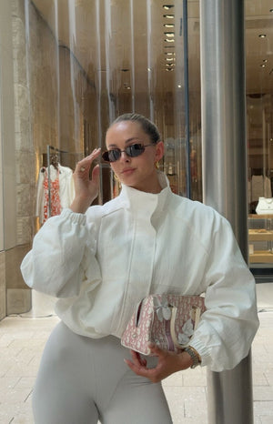 Beginning Boutique Enya Cream Funnel Neck Sports Jacket cream crinkled funnel neck full zip oversized cropped sports jacket w