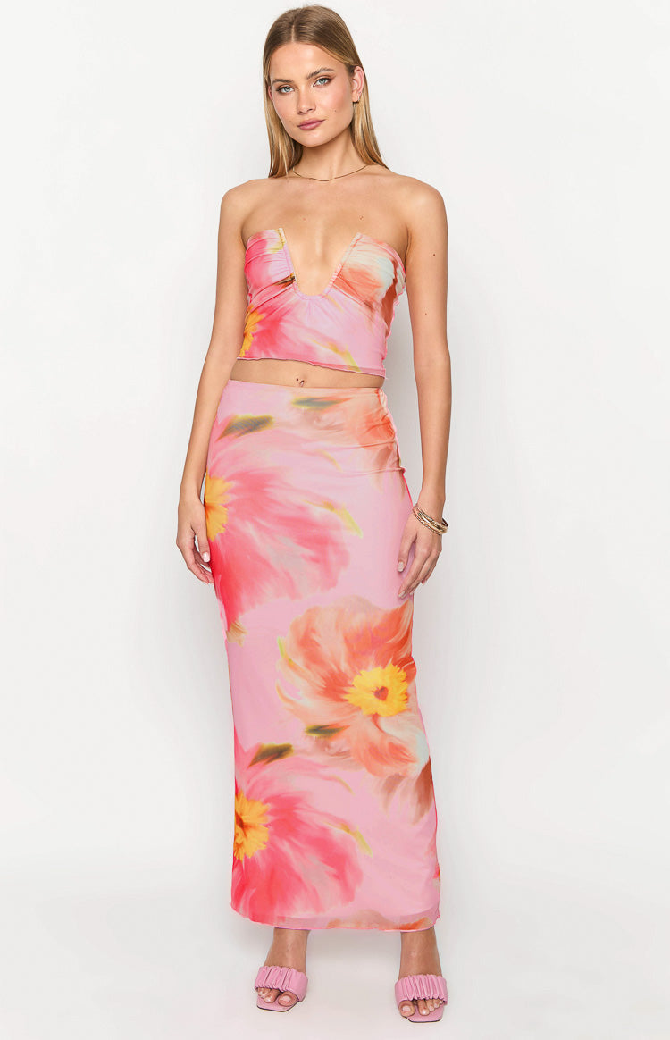 Pink floral strapless crop top with a deep V-neckline and gathered bust detail