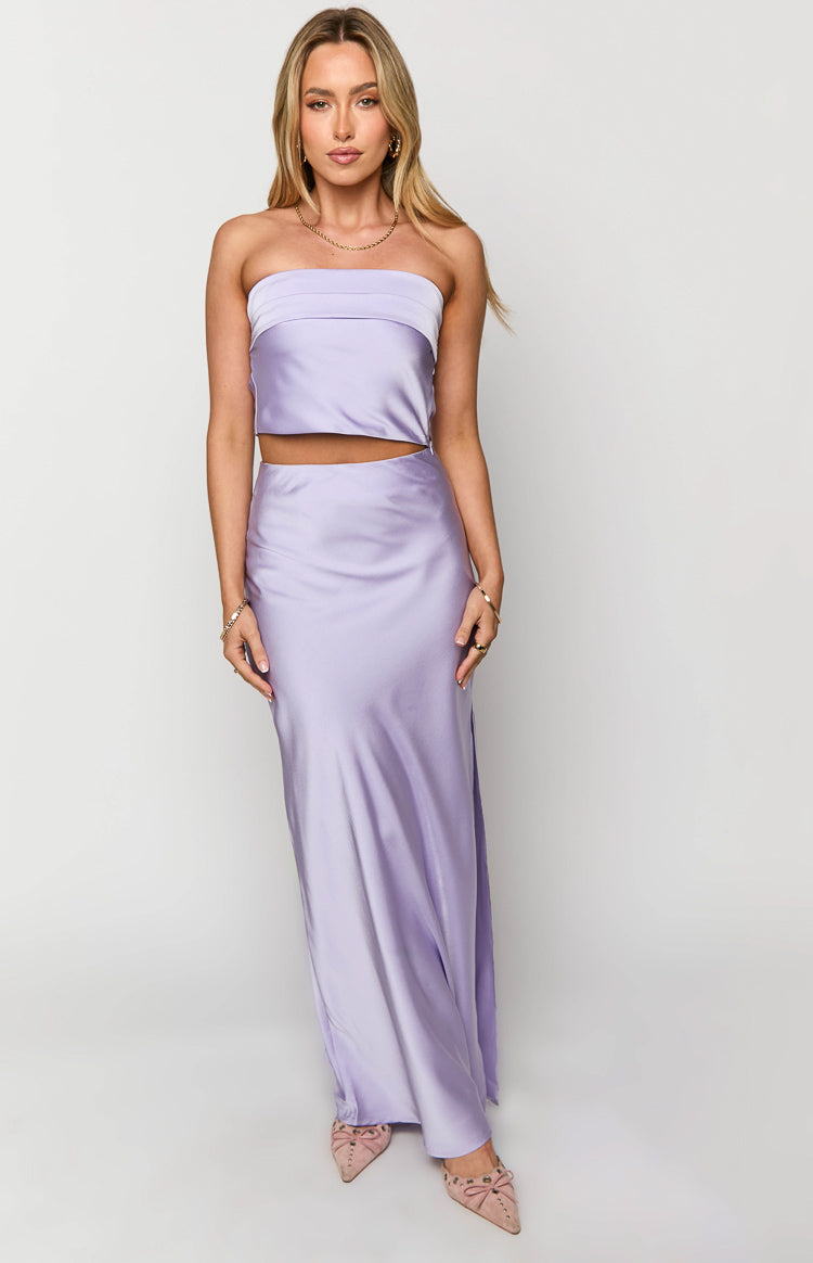 Beginning Boutique Genevieve Lilac Maxi Skirt lilac satin flowy high-waisted maxi skirt