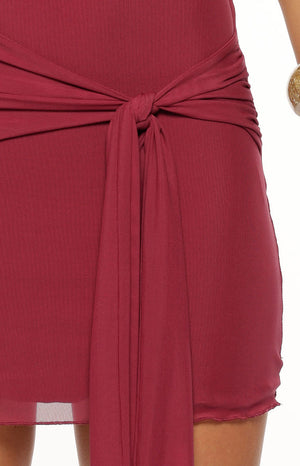 Heather Burgundy Off Shoulder Wrap Mini Dress