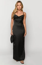 Black satin maxi dress with a ruched sweetheart neckline and thin spaghetti straps