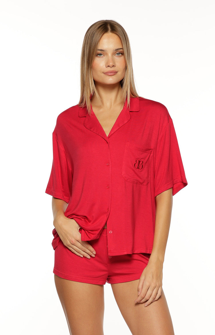 Beginning Boutique Jamey Burgundy Mini Pajama Shorts burgundy soft knit mini pajama shorts with button fly detail