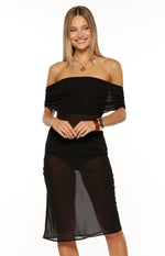 Front view of a black off-the-shoulder midi dress with ruched sleeves and a sheer midi skirt