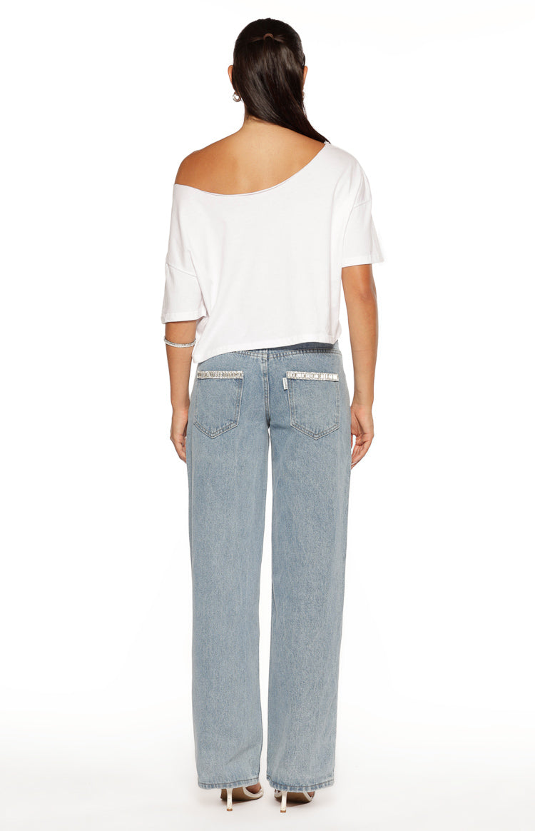 Kavira Light Wash Denim Diamante Trim Low Rise Jeans Image