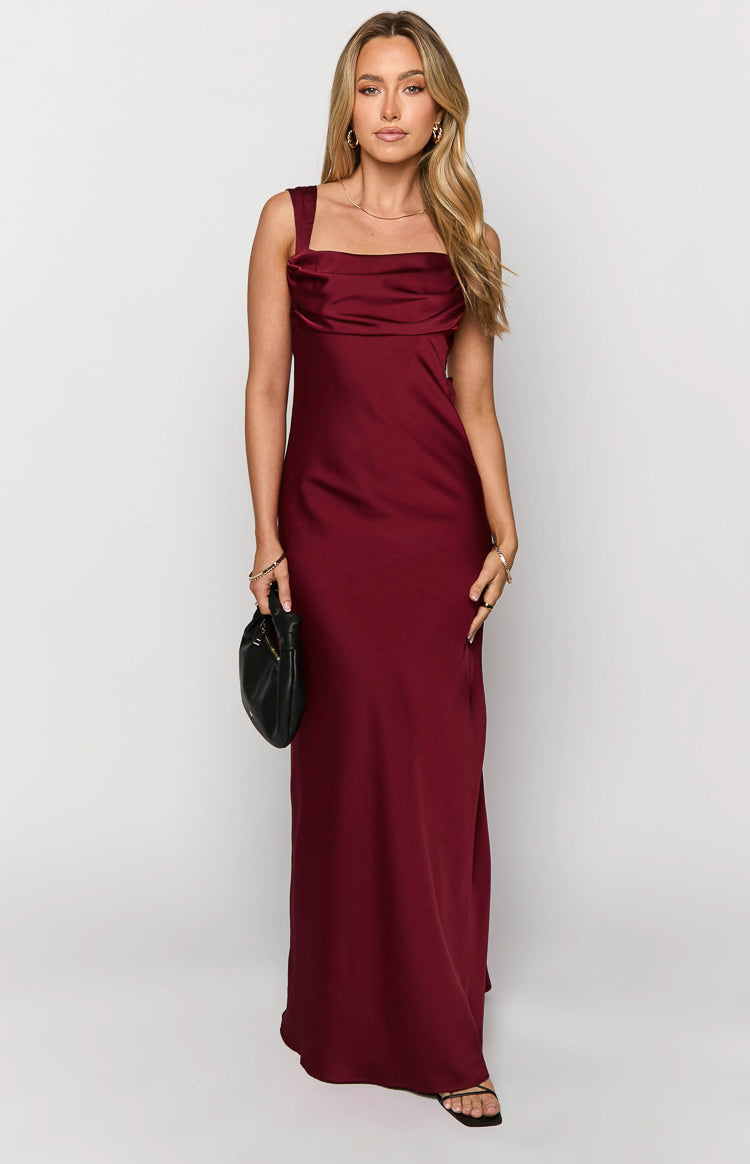 Front view of a wine satin maxi dress with a draped cowl neckline and thick shoulder straps