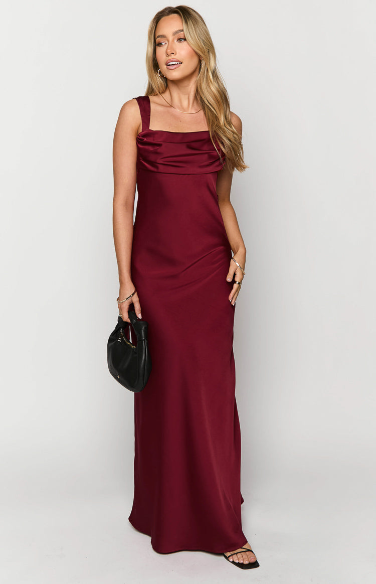 Front view of a wine satin maxi dress featuring a square neckline and draped cowl bust