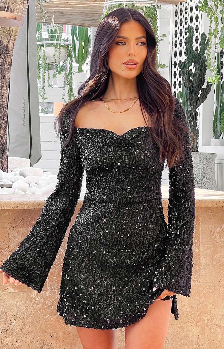 Long Sleeve Black Mesh Sequin Dress Sequin Black Off The Shoulder
