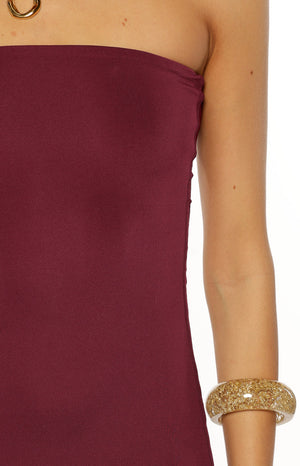 Maura Plum Strapless Asymmetrical Midi Dress