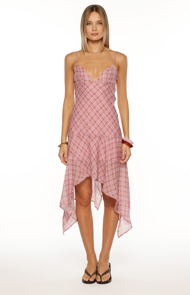 Milla Pink Plaid Hanky Hem Midi Dress Image