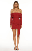 Beginning Boutique Paige Red Off The Shoulder Mini Dress red mesh off-shoulder long sleeve ruched tie-front mini dress