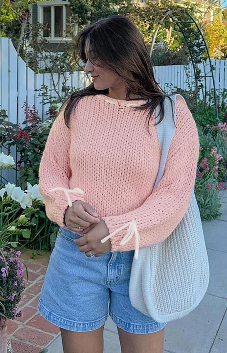 Beginning Boutique Bea Baby Pink Sweater baby pink chunky knit cropped sweater with a round neck and tie-cuff long sleeves