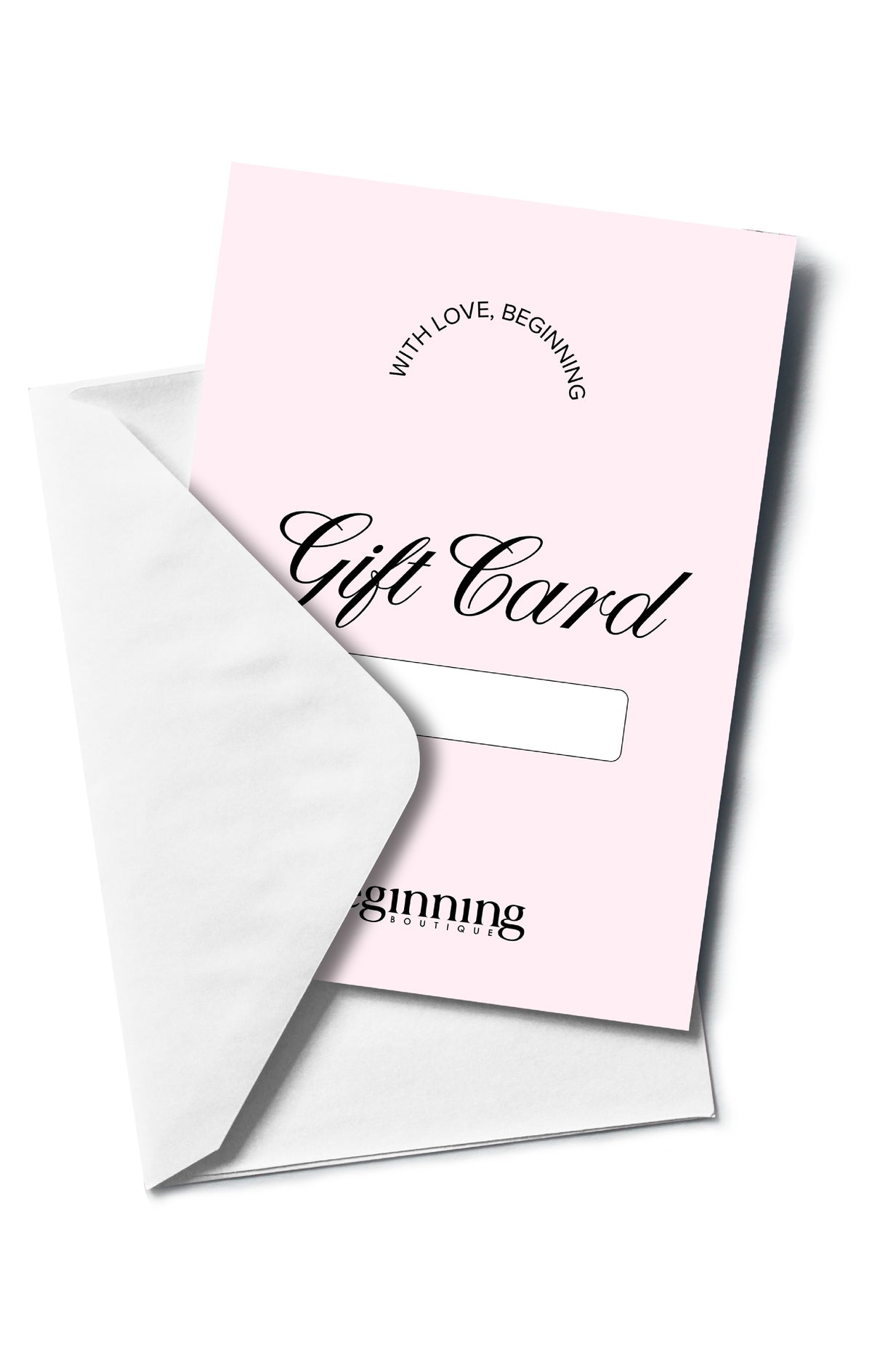 E-Gift Card in light pink, partially in a white envelope, with "Gift Card" text, a blank code box, and curved top text