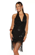 Rhani Black Sequin Tassel Cowl Mini Dress Image