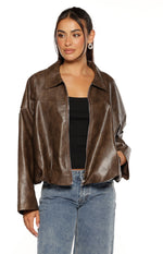 River Vintage Brown PU Bubble Hem Bomber Jacket Image